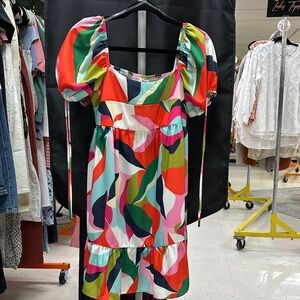 Vibrant Multicolor Puff Sleeve Midi Dress